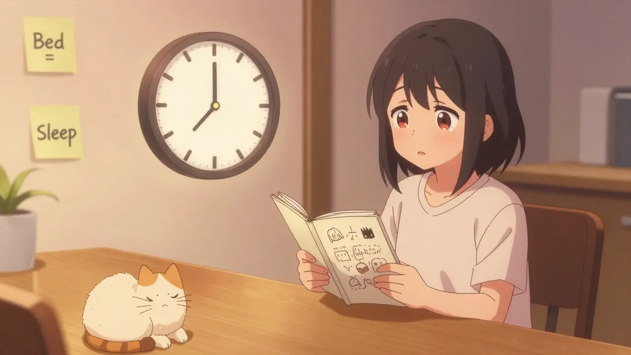 A therapist and patient share a quiet CBT-I session, with sleep-restriction visuals and a cat curled beside them.