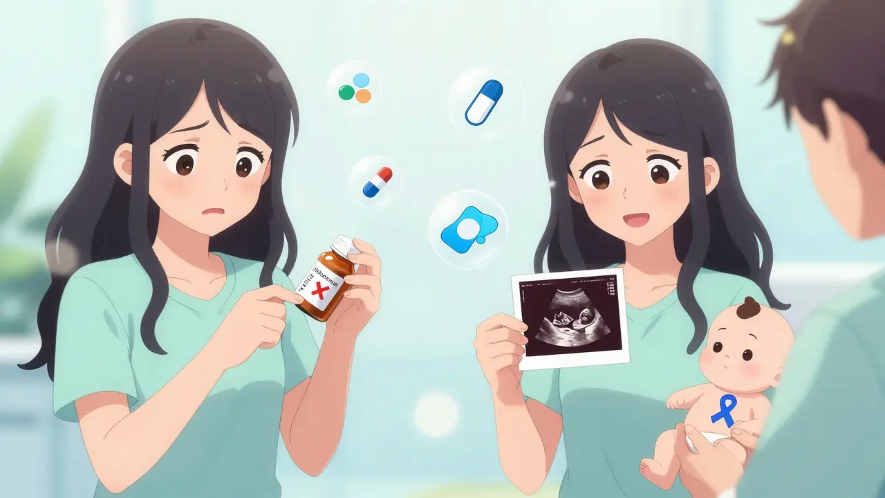 A woman letting go of dangerous medication on one side, smiling with an ultrasound on the other side.