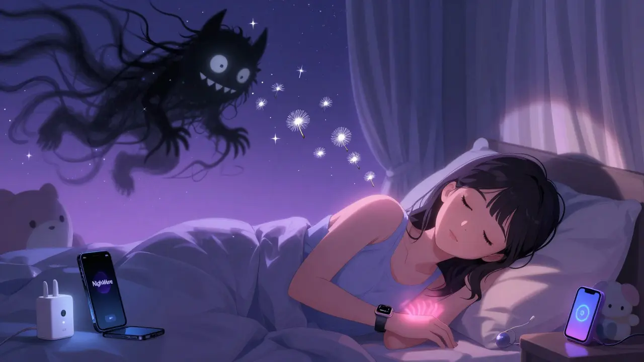 A woman sleeps with an Apple Watch emitting a gentle pulse, as nightmare shadows transform into glowing dandelion seeds.