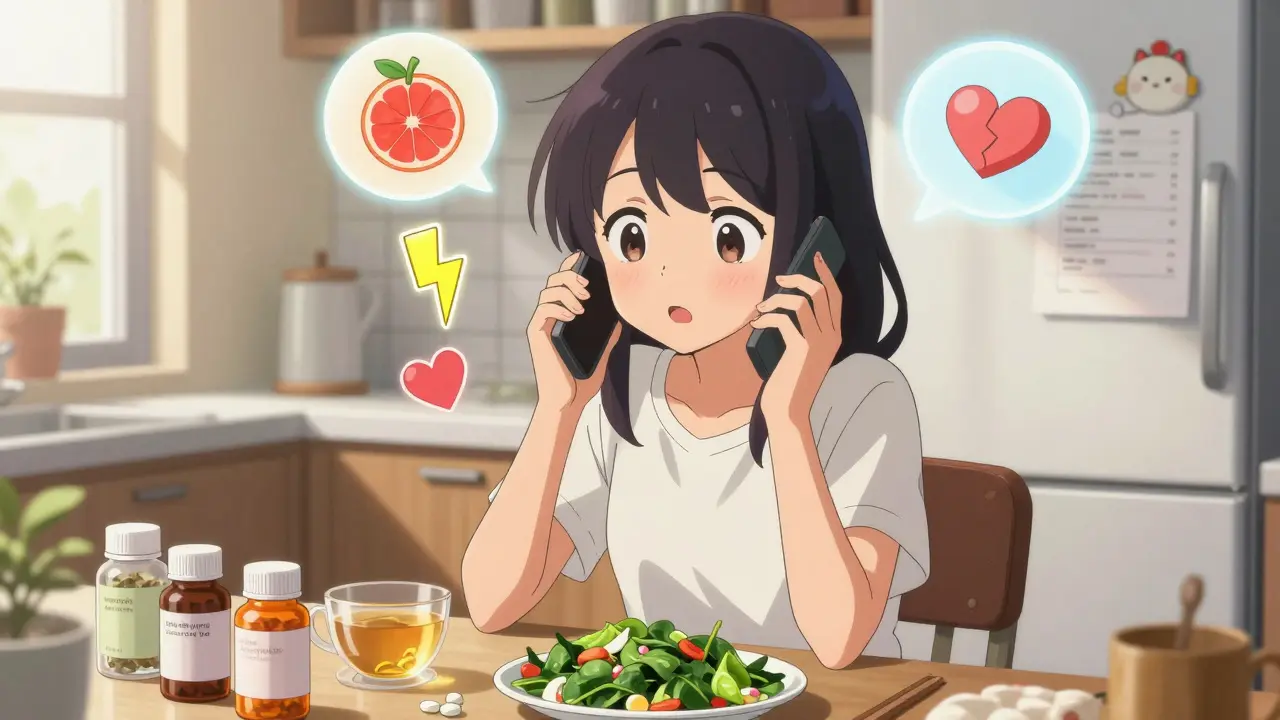 A young woman at her kitchen table realizes potential drug interactions with food and supplements.