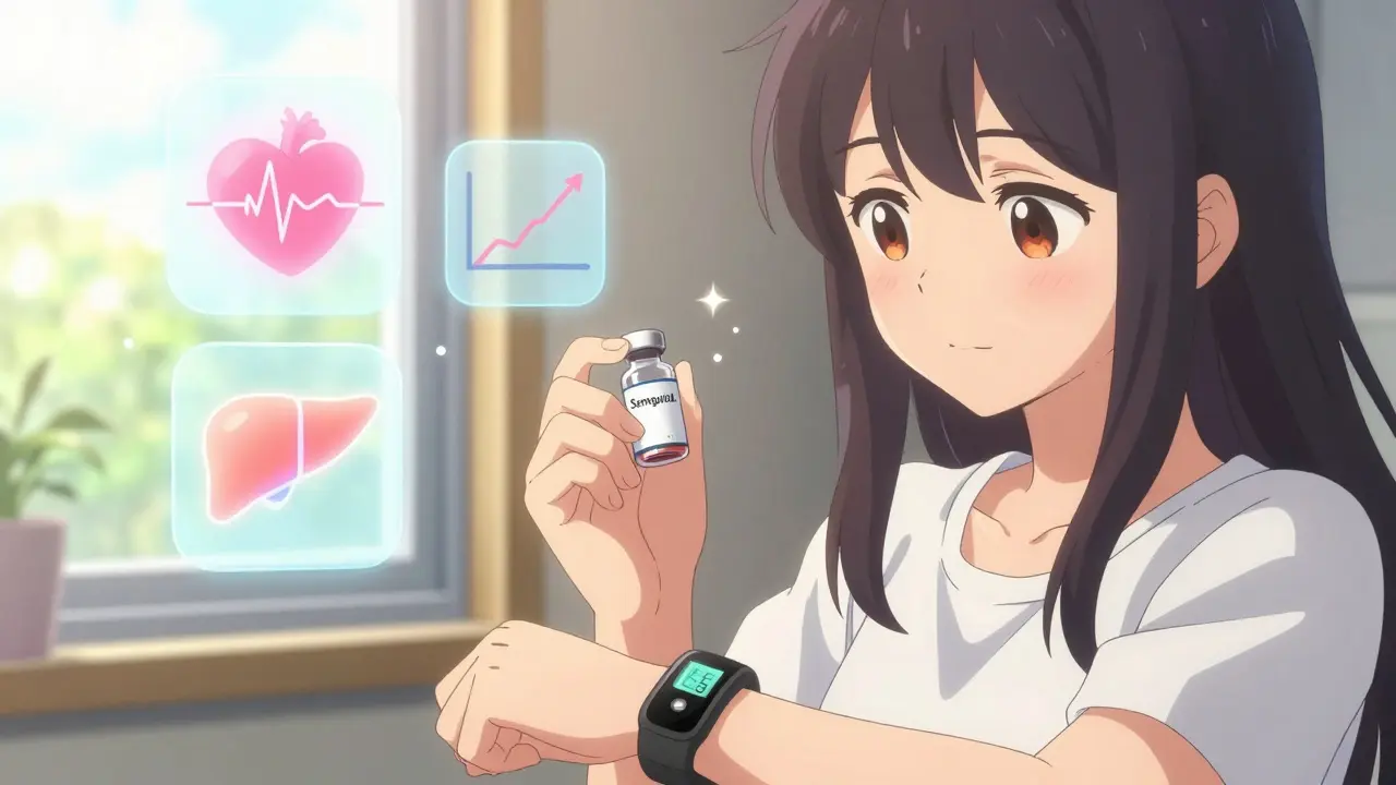 A young woman holding a weight loss medication vial, sunlight shining on her as digital health icons float gently around her.