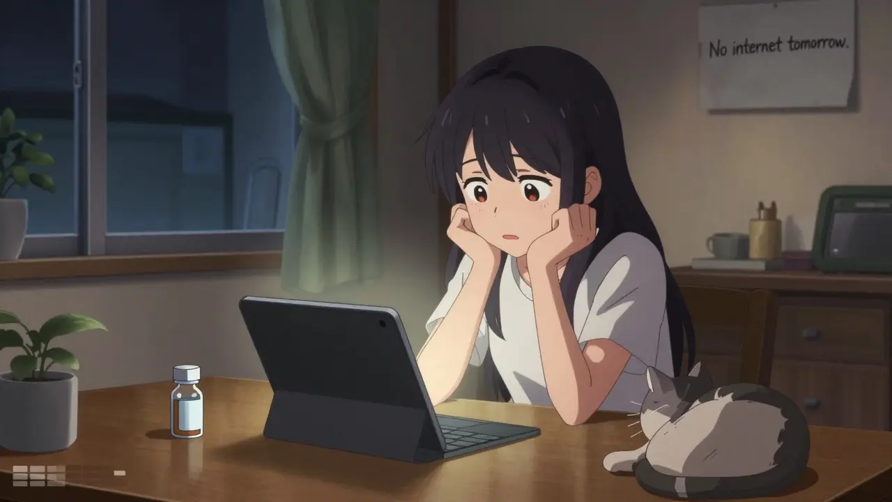 A young woman video-calling her doctor for medication help, with an empty insulin bottle on the table.