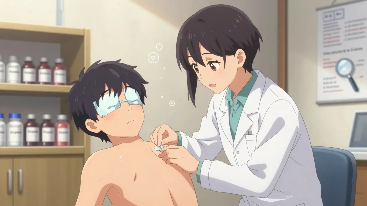 Dermatologist applying patch test patches to patient's back, with allergen vials visible in the background.