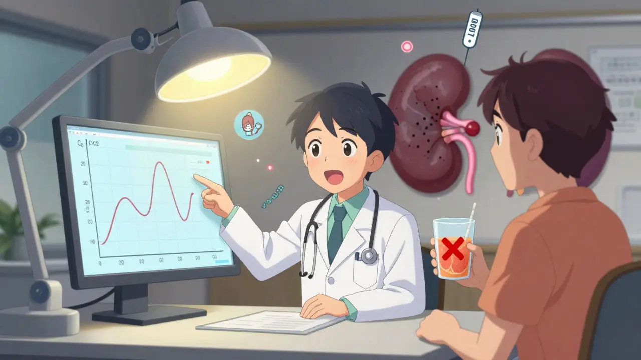 Doctor and patient reviewing C0/C2 graph, grapefruit juice with X, damaged vs healthy kidneys