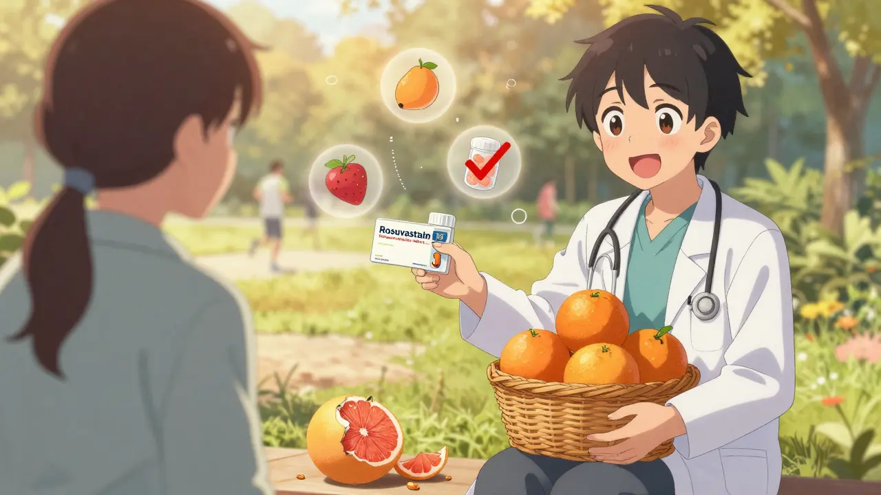 Doctor gives safe statin prescription while patient holds oranges, grapefruit discarded nearby.
