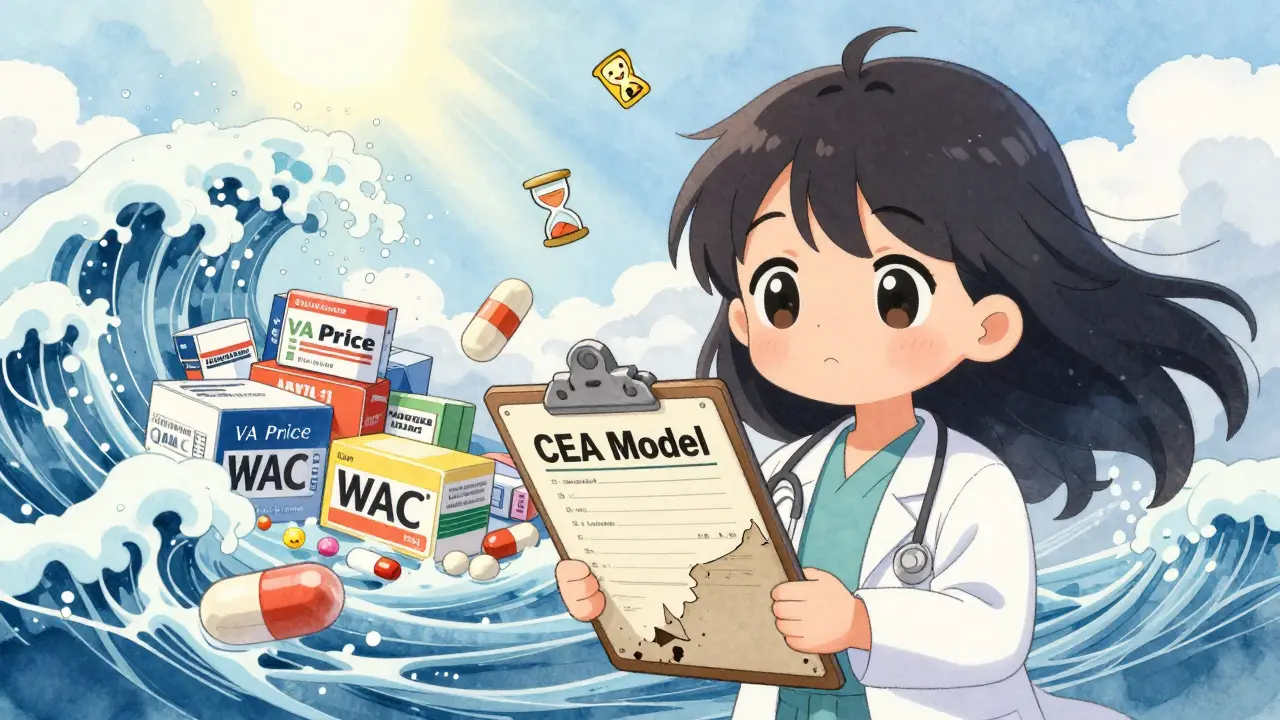 Doctor watching outdated pricing data crumble as generic pills flood in with real prices.