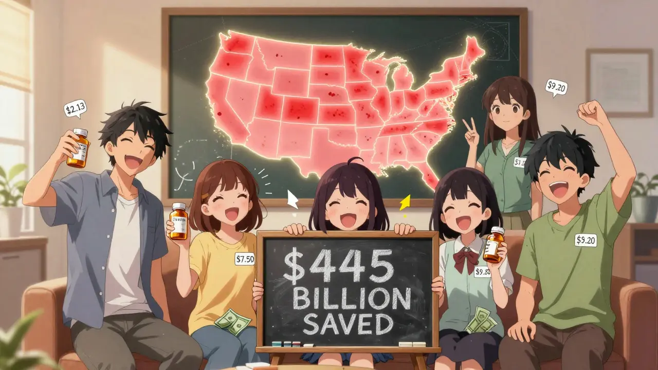 Friends celebrating generic drug savings on a chalkboard with glowing price tags and U.S. map.