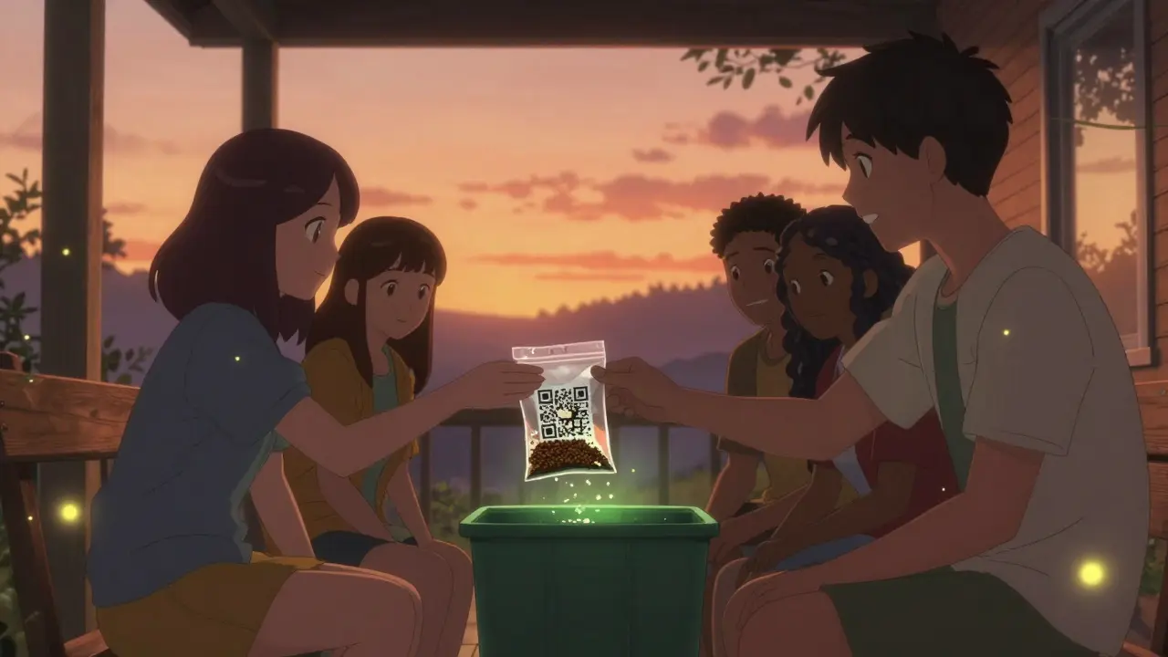 Friends disposing of unused opioids safely together on a porch at dusk.