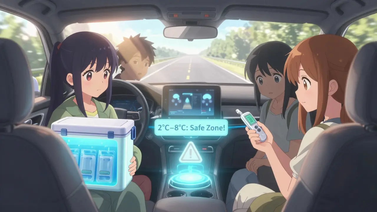 Friends travel with a glowing pharmaceutical cooler, checking a thermometer as a safe zone glows blue in the car.