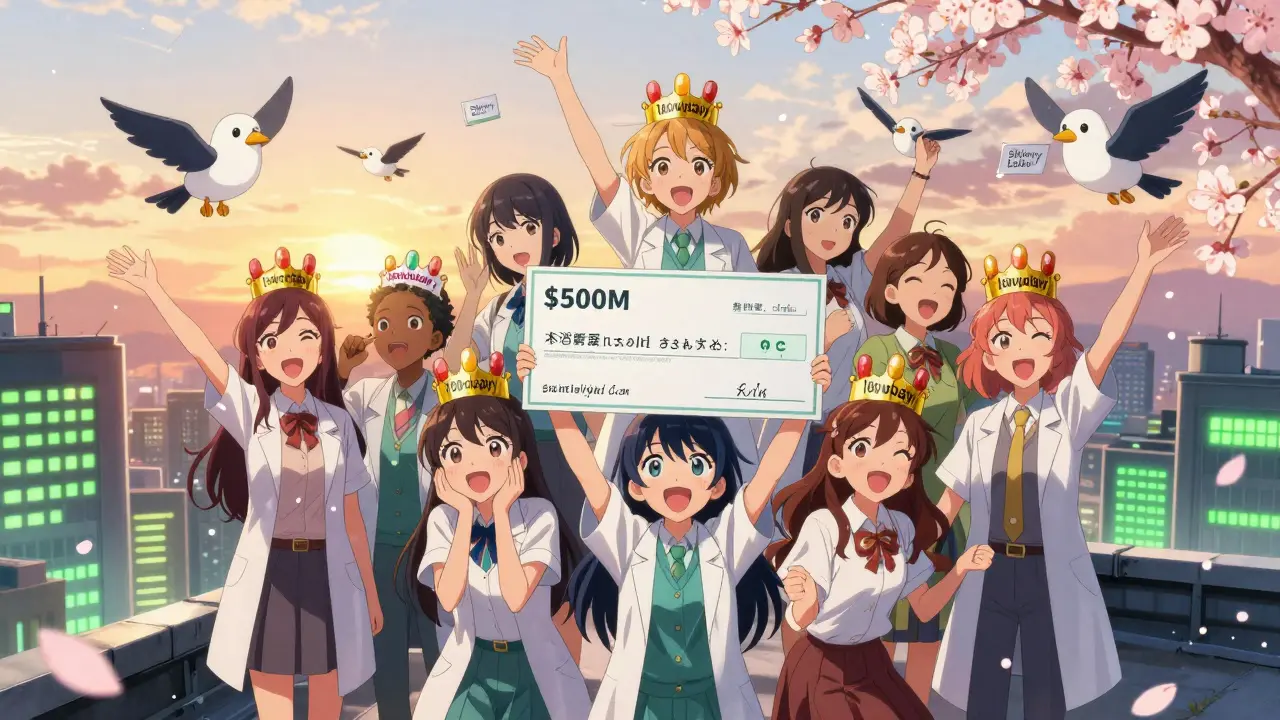 Generic drug pioneers celebrate on a rooftop with a 0M check and pill-capsule crowns at sunset.