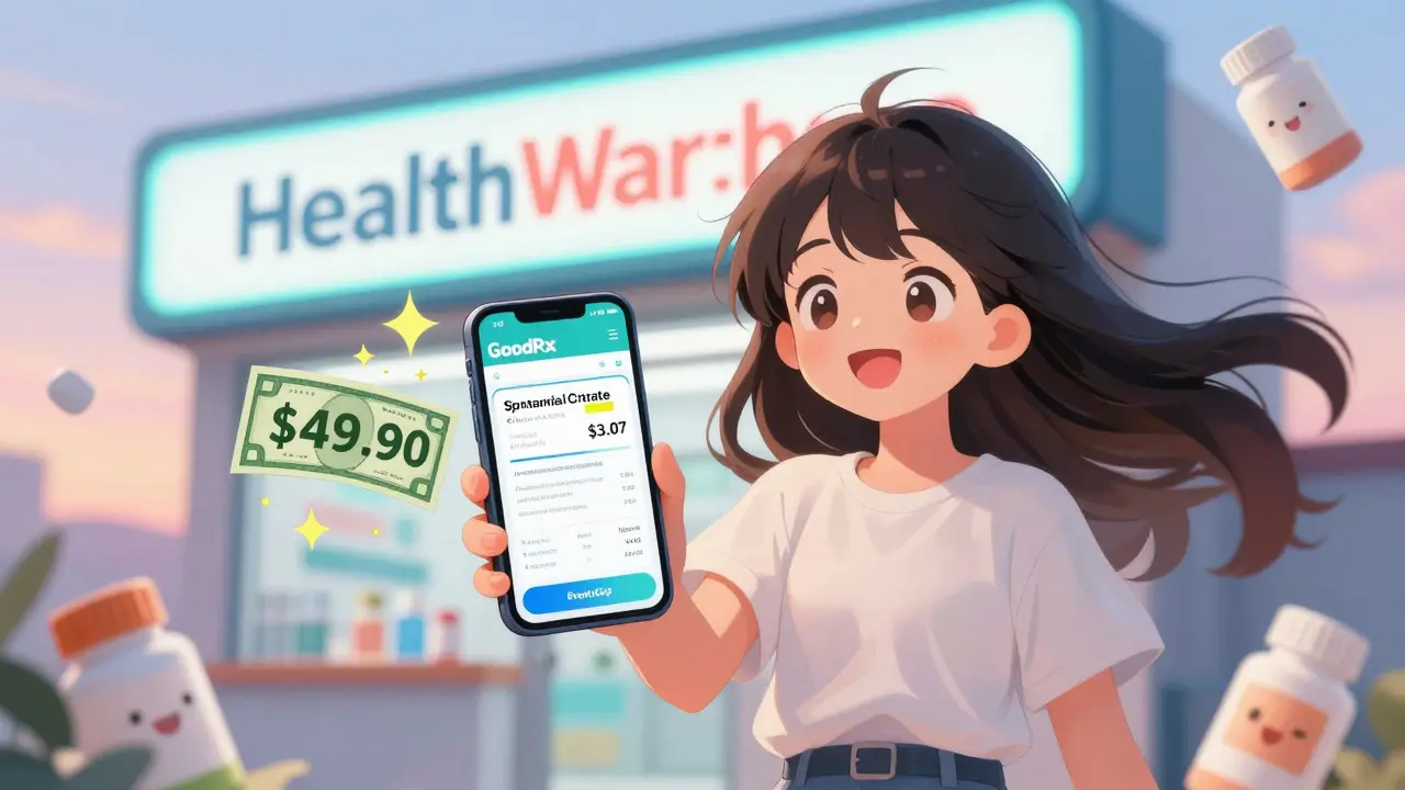 Girl checking GoodRx app showing .07 price for a generic drug with a faded high price bursting into sparkles.