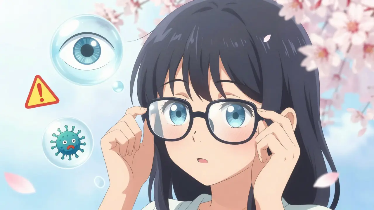 Girl removing contacts as floating eye icons and warning symbols appear around her.