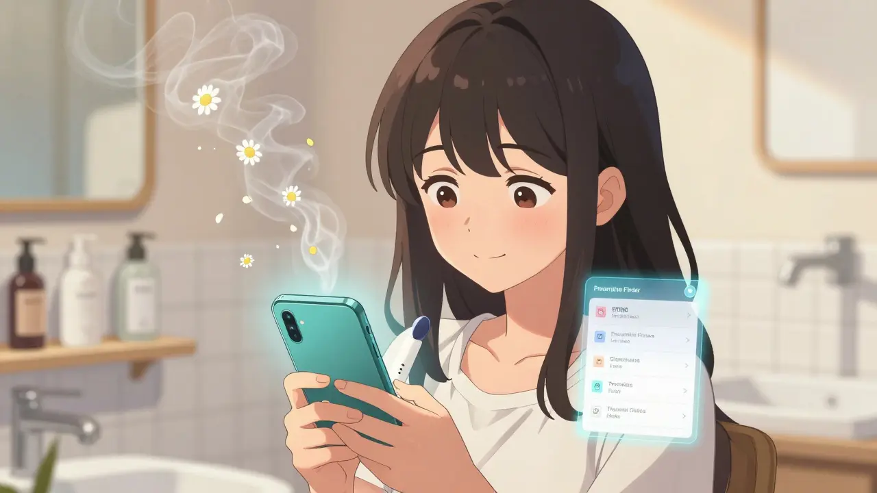 Girl smiling while scanning a phone app, healthy eyelids, digital database of safe beauty products glowing beside her.