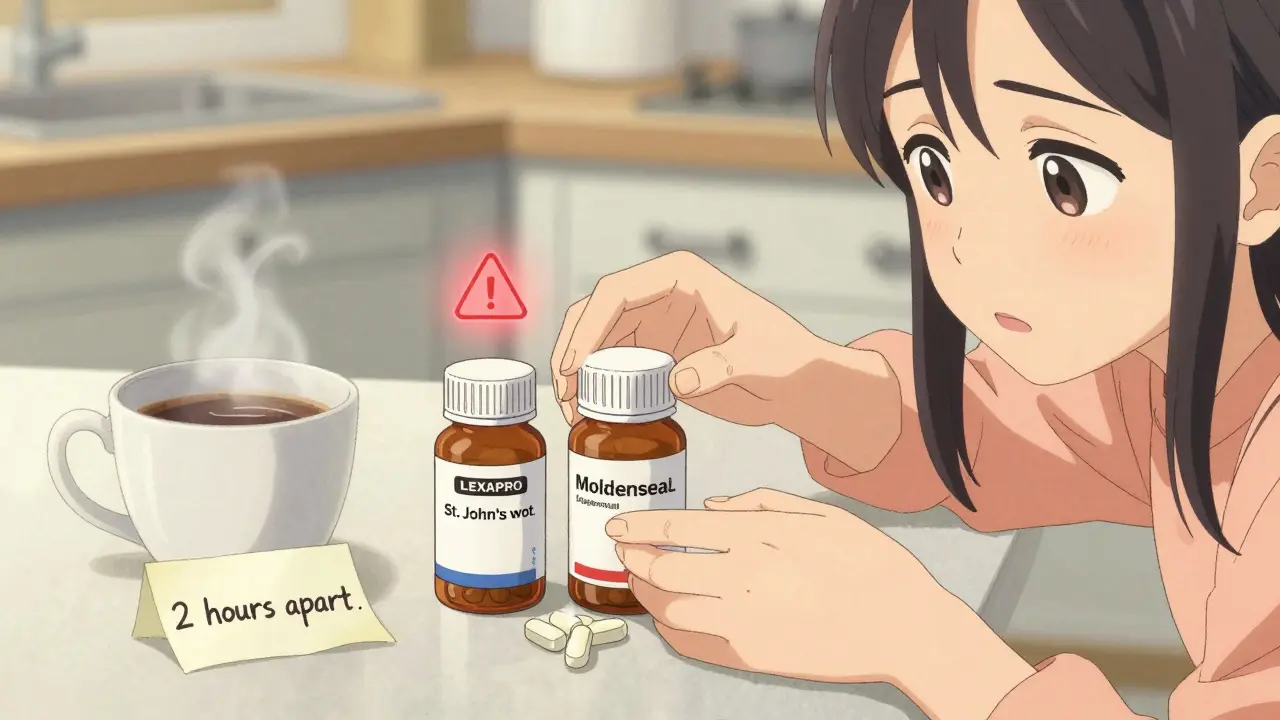 Hands placing supplements next to a prescription bottle with a coffee cup and note about timing.