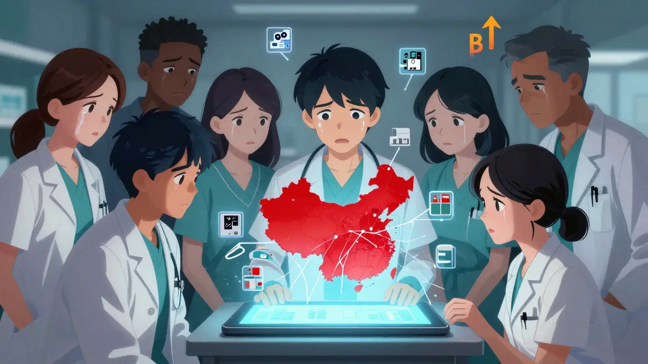 Healthcare workers study a global supply chain map showing broken drug production links.