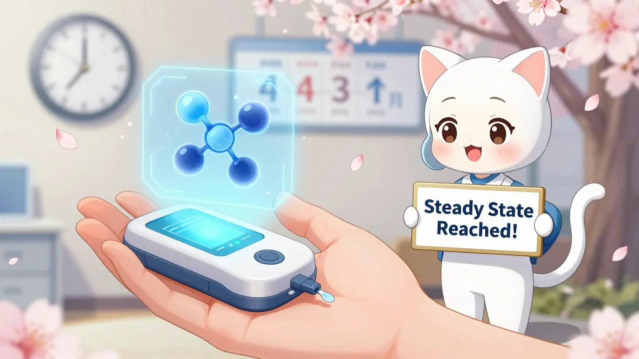 Patient holding futuristic device with hologram of drug molecules, AI assistant with cat ears