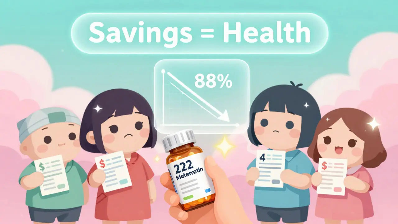 Patients holding different-priced generic pills, with a graph showing an 88% price drop.