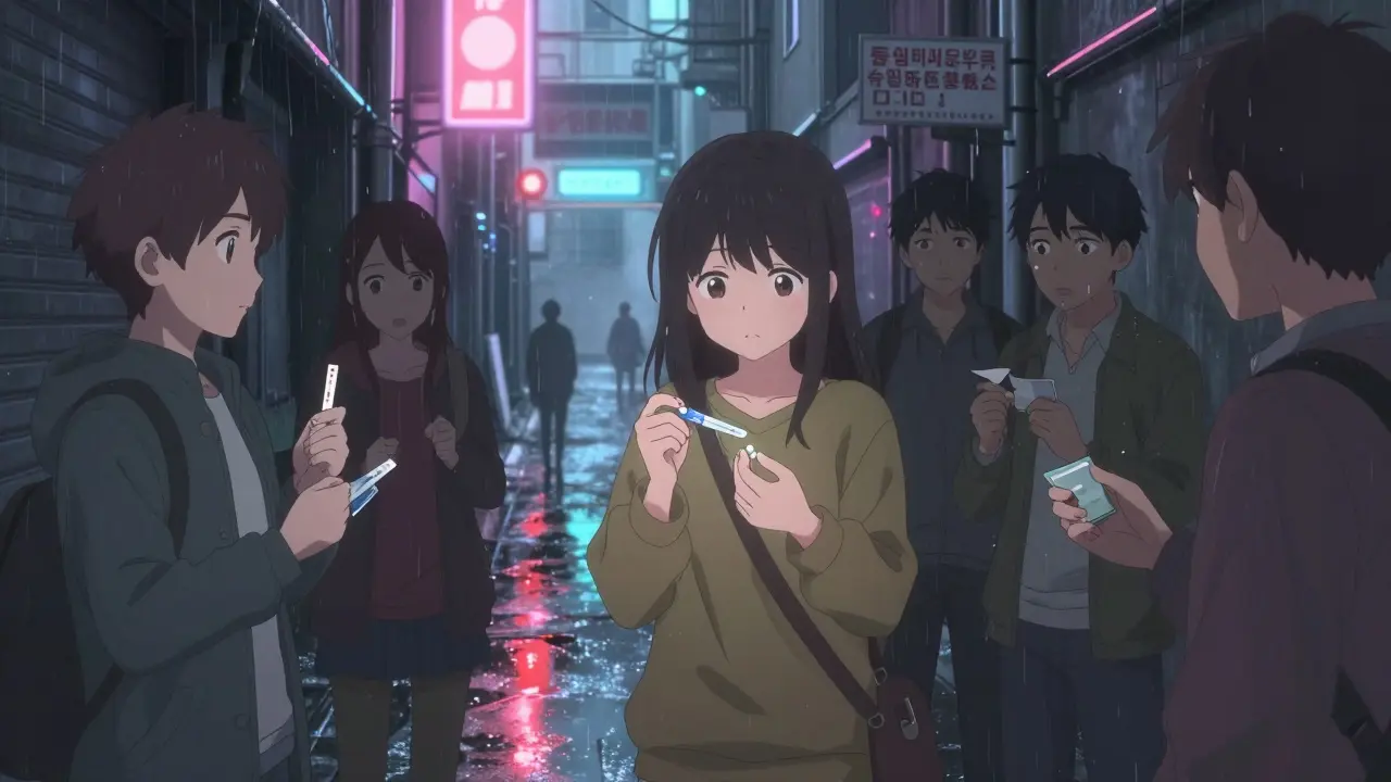 People in an alley using fentanyl test strips under neon lights, conveying the dangers of illicit drugs.