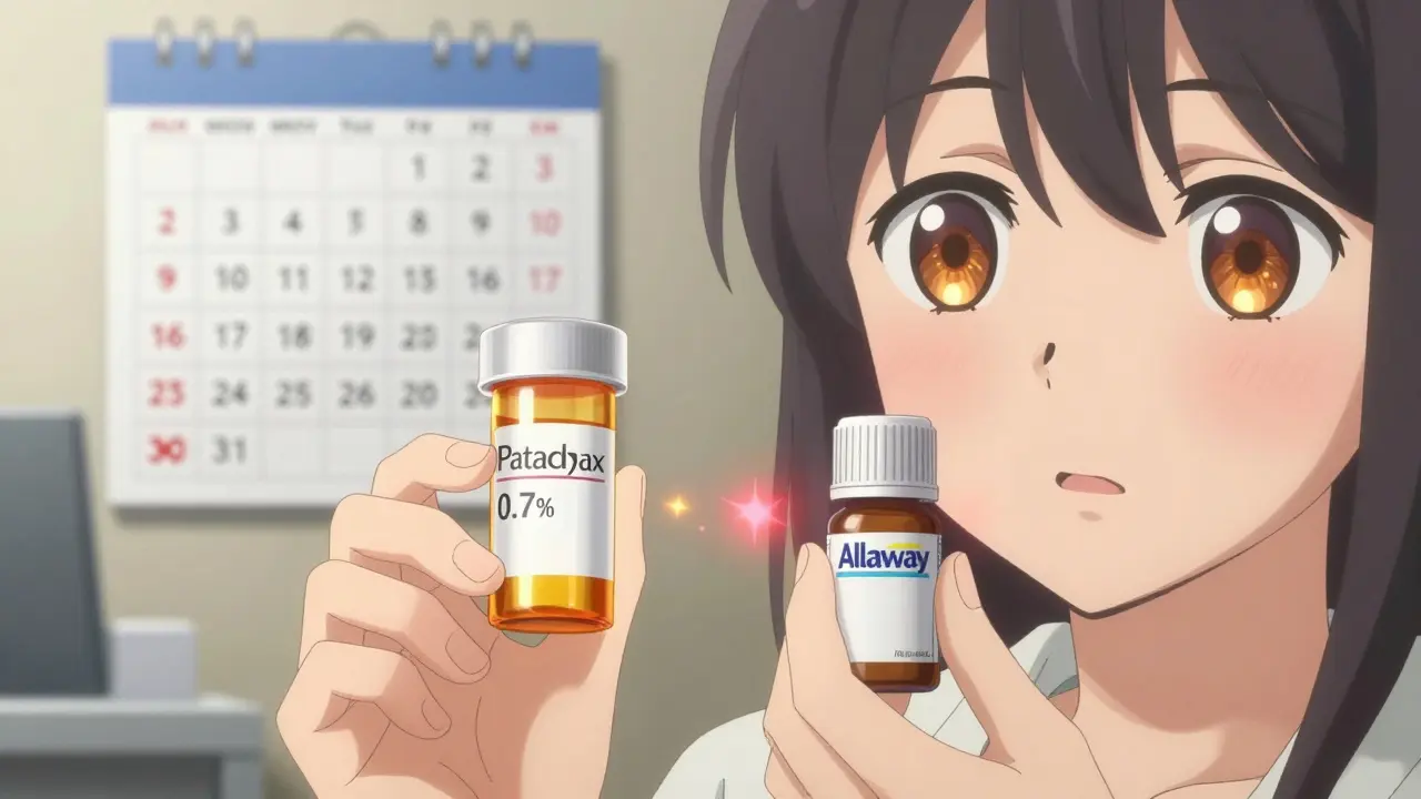 Side-by-side comparison of OTC and prescription eye drop bottles with calendar and glowing effects.