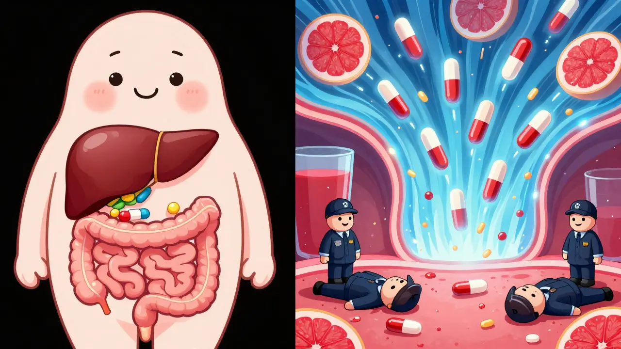 Split illustration of CYP3A4 enzymes as bouncers: one side normal, one side overwhelmed by statin molecules after grapefruit.