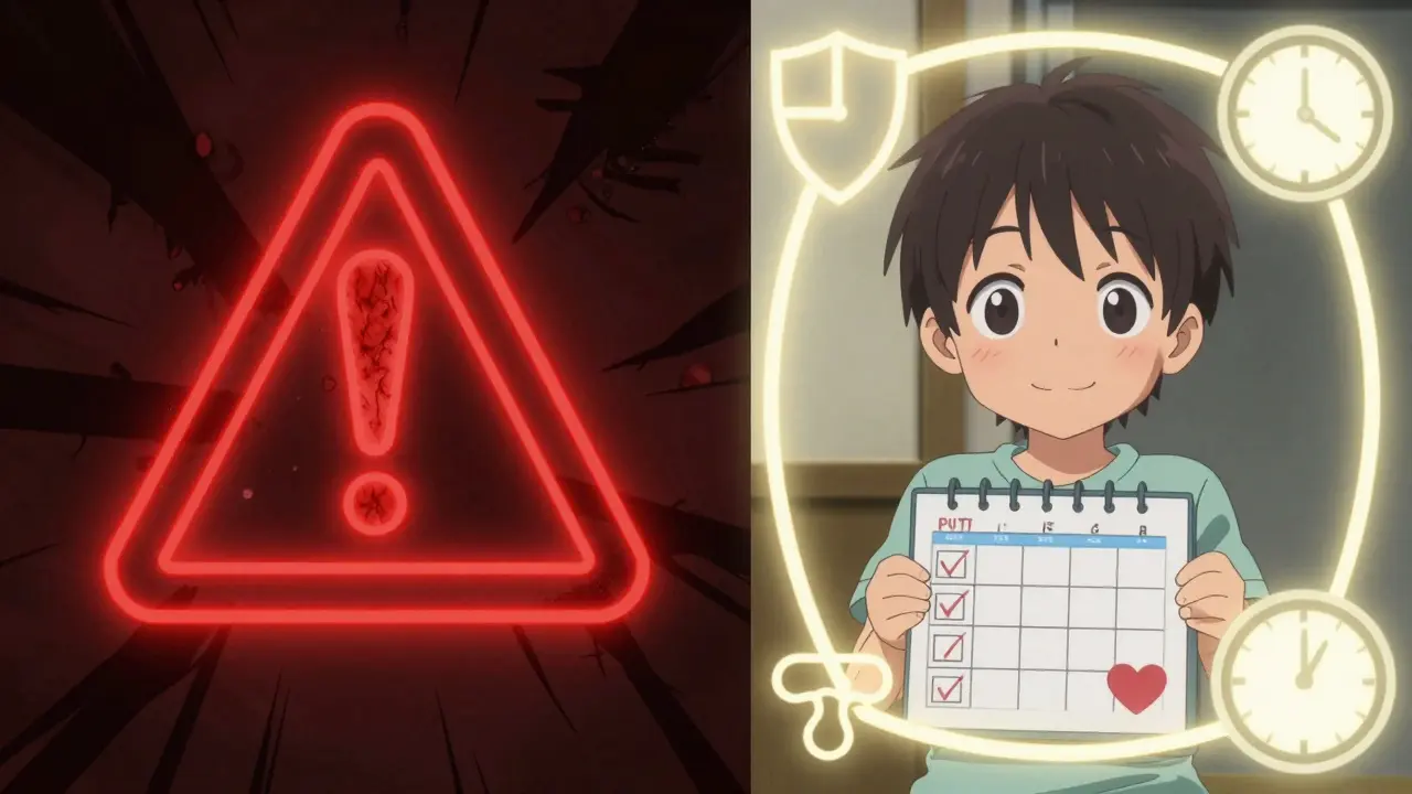 Split image: dangerous rash vs. safe treatment with careful monitoring and check-ins.