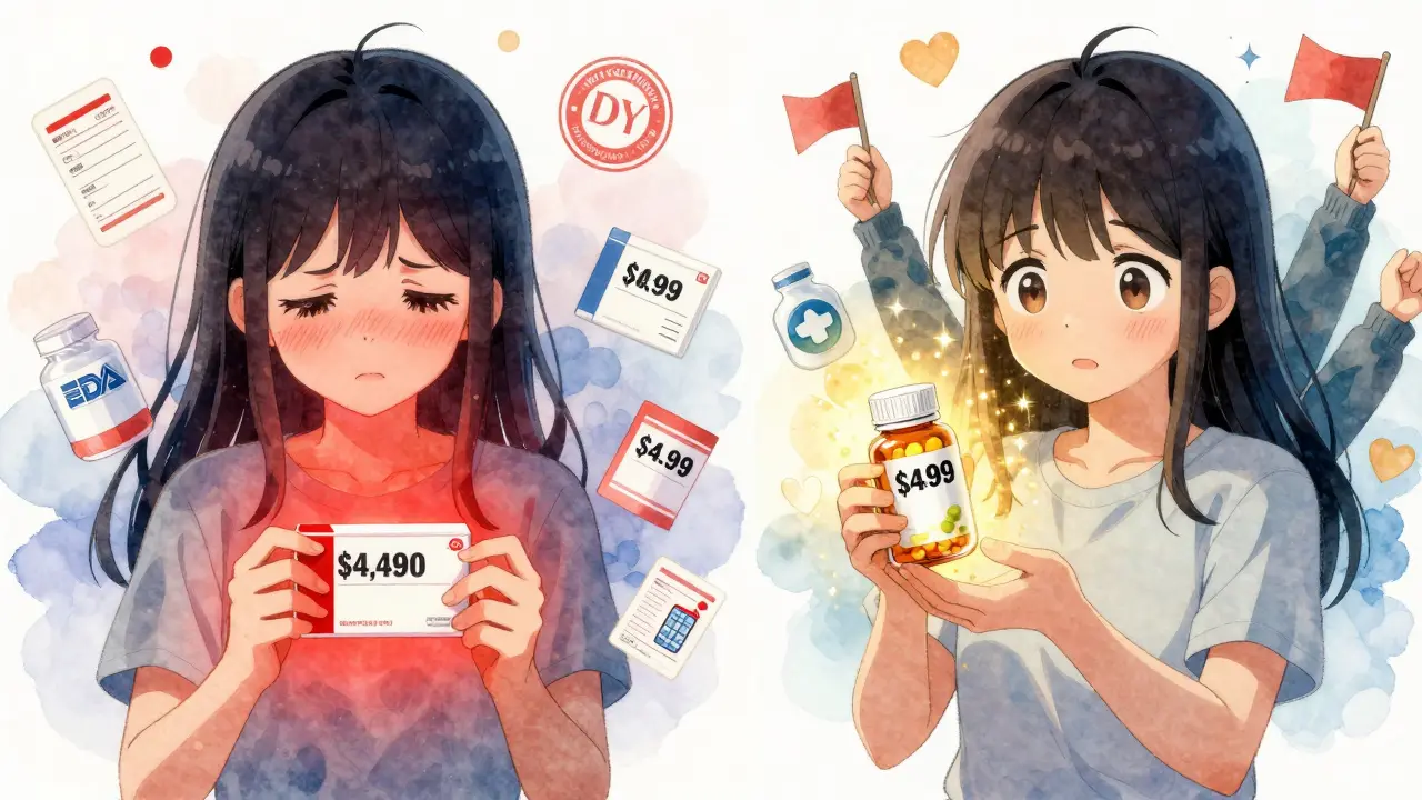 Split scene: a patient holding a high-priced brand-name drug on one side and a low-cost generic on the other, with glowing price tags.