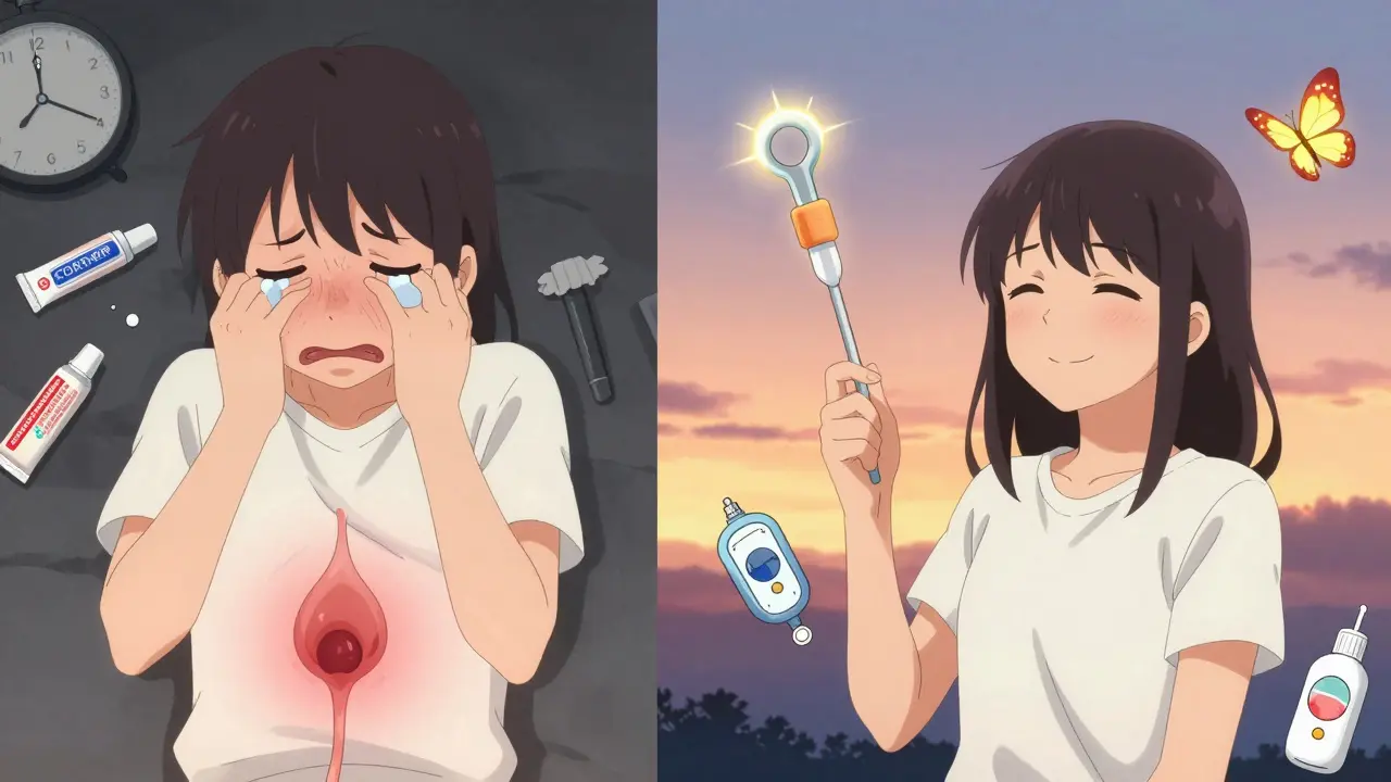 Split scene: left shows distress from untreated hemorrhoids, right shows relief after a simple medical procedure.