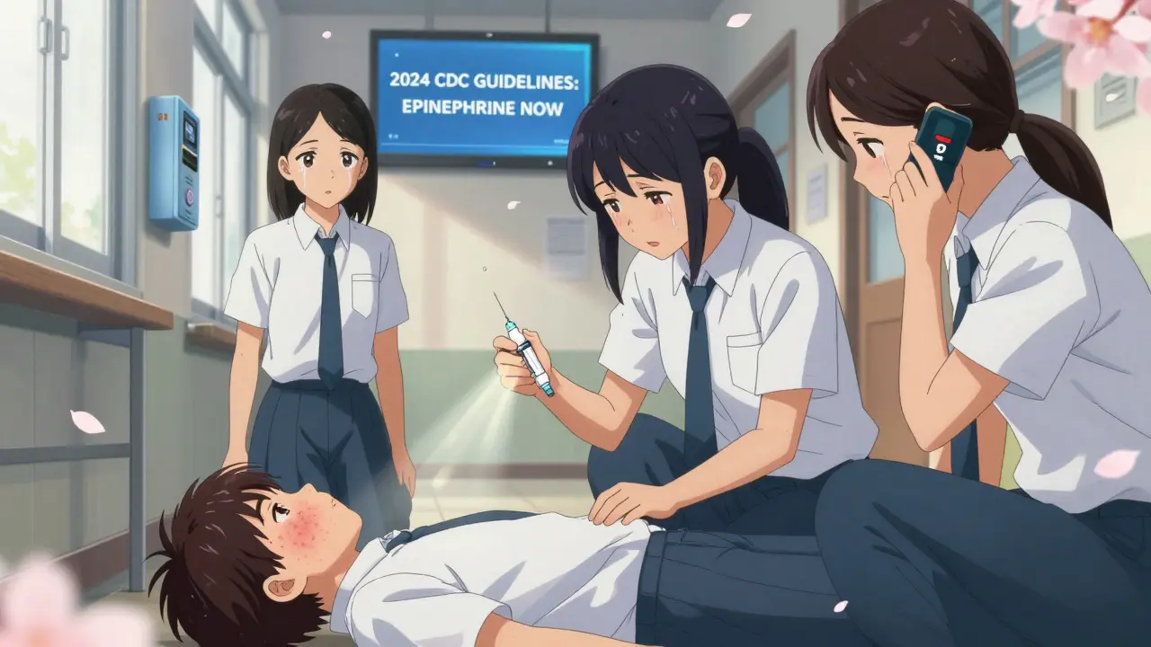 Student collapsing in hallway as staff administer epinephrine, digital CDC guidelines visible in background.