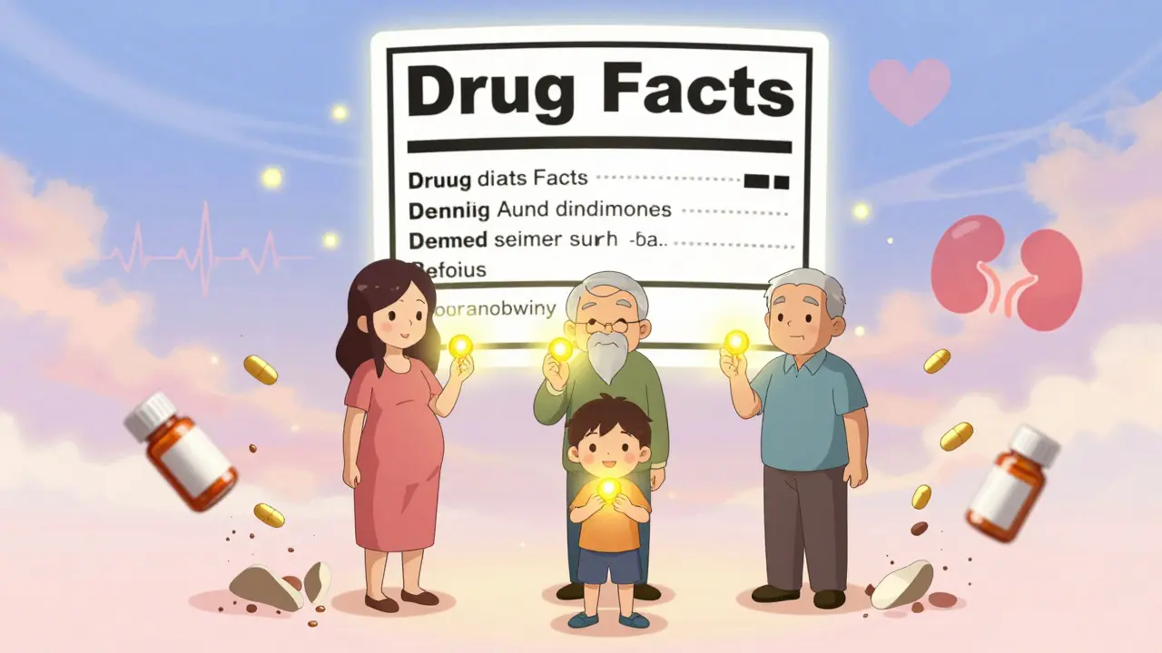 Three people holding safe OTC pills under a glowing Drug Facts label, dangerous meds dissolving around them.