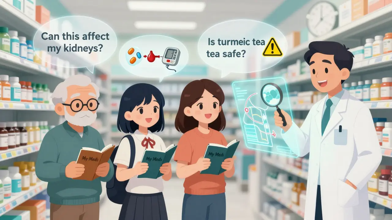 Three people in a pharmacy hold medication lists as glowing question bubbles float above them.