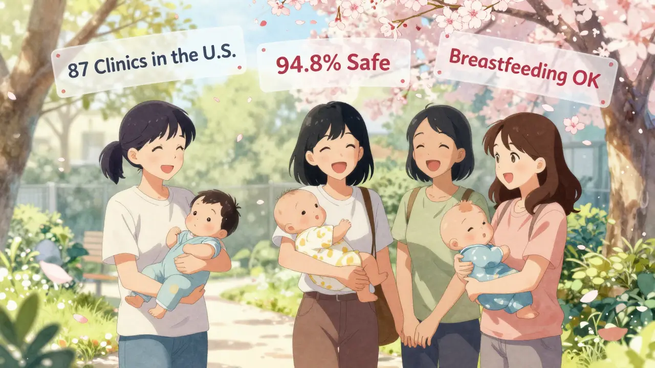 Three women laughing in a garden with babies, surrounded by floating safety icons and cherry blossoms.