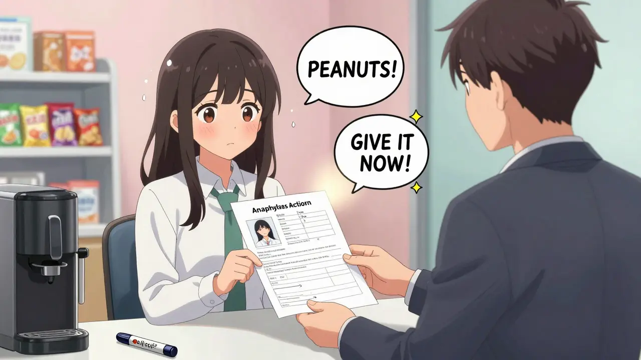 Woman giving her anaphylaxis plan to a manager, with epinephrine visible on the break room counter.