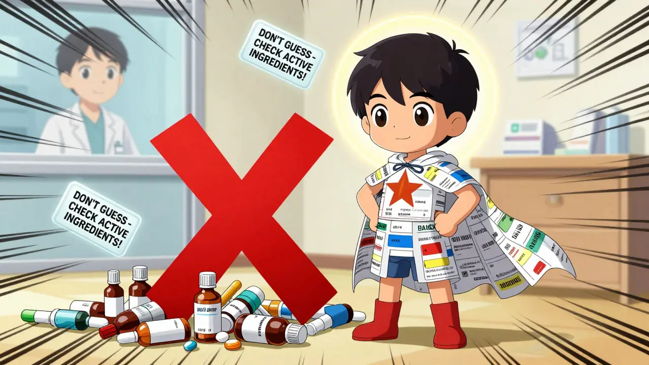 A child superhero standing over mixed-up medicine bottles with a warning label floating above.
