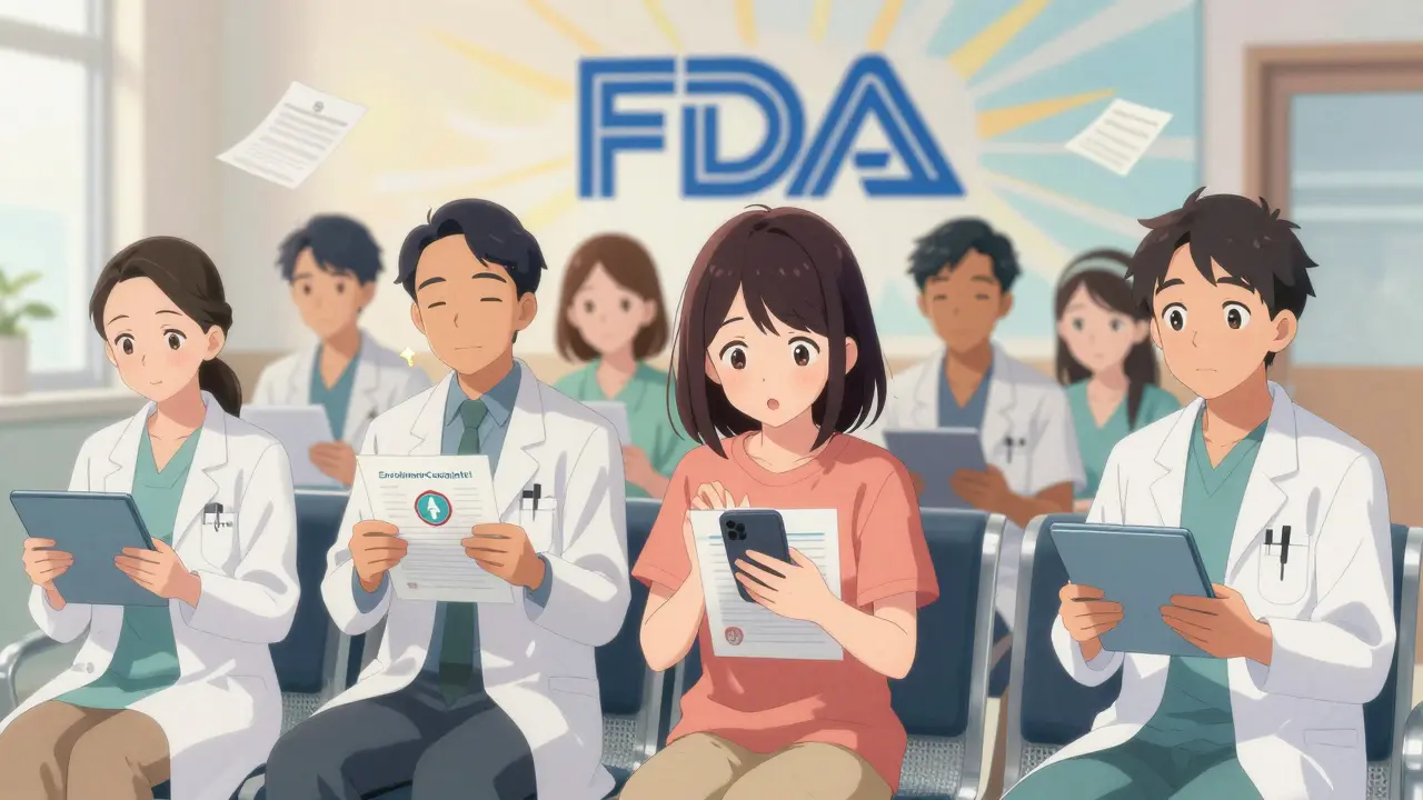 A group of patients and doctors in a clinic with glowing REMS-related symbols on their tablets, expressing relief.