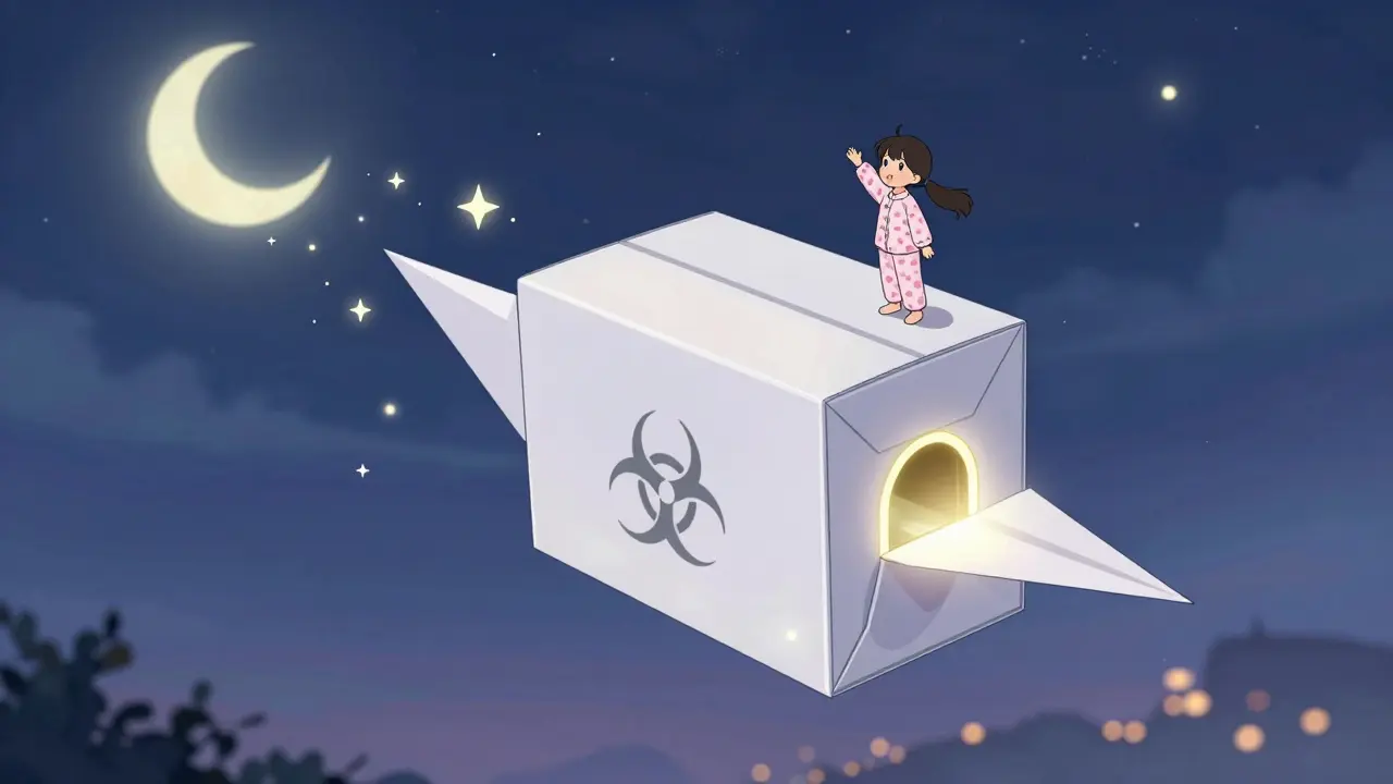 A mail-back sharps container floats like a paper crane toward a postal chute under a night sky.