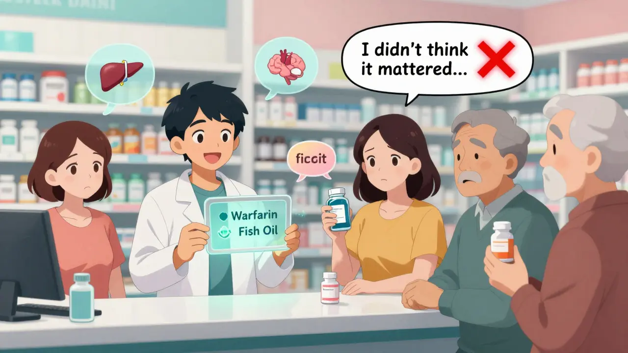 A pharmacist alerts patients about dangerous supplement-medication interactions at a pharmacy.