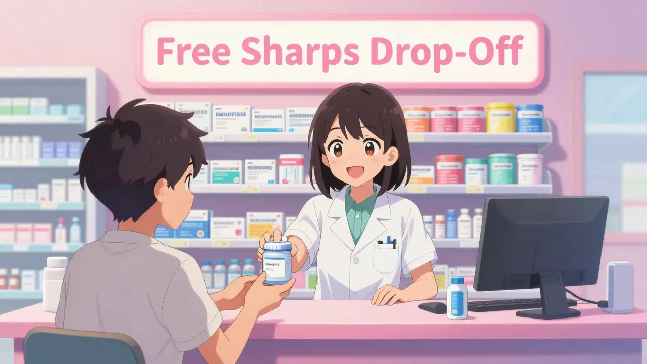 A pharmacist hands a patient a sealed sharps container at a pharmacy with a free drop-off sign.