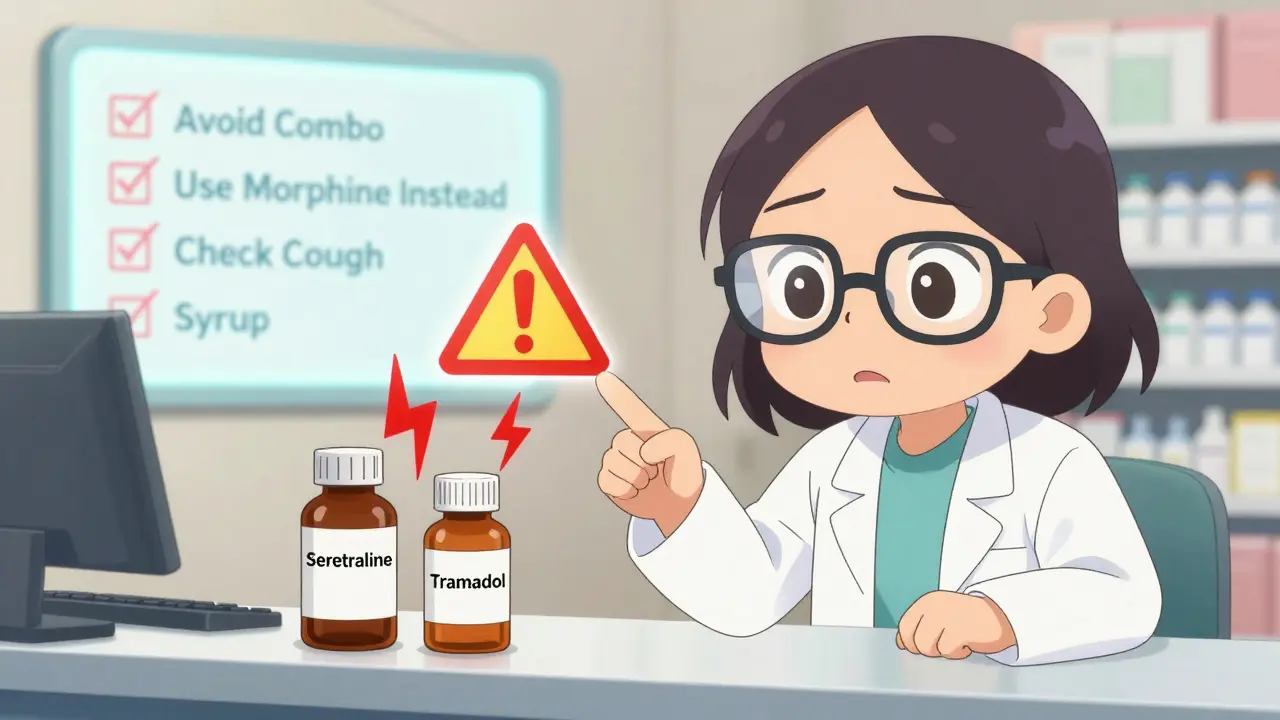 A pharmacist warning about a dangerous drug combo of sertraline and tramadol, with a red lightning symbol and safety checklist in the background.
