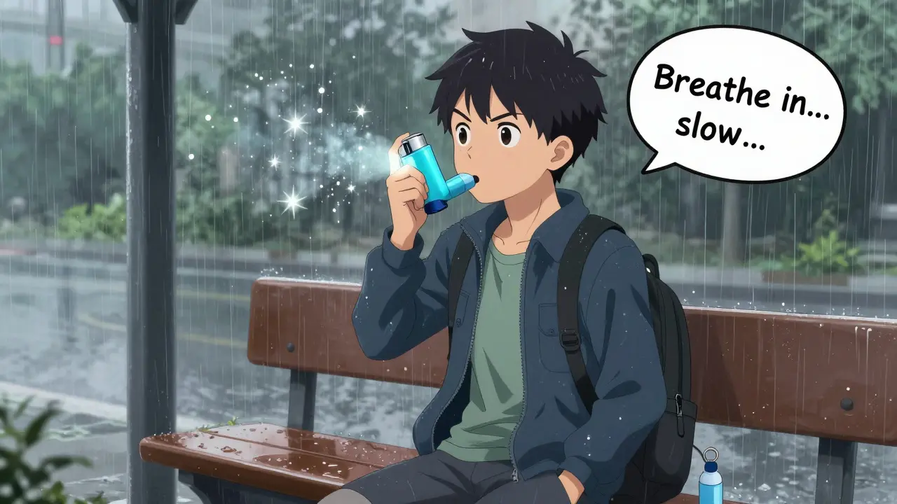 A teen using an inhaler with a spacer on a rainy bus stop.