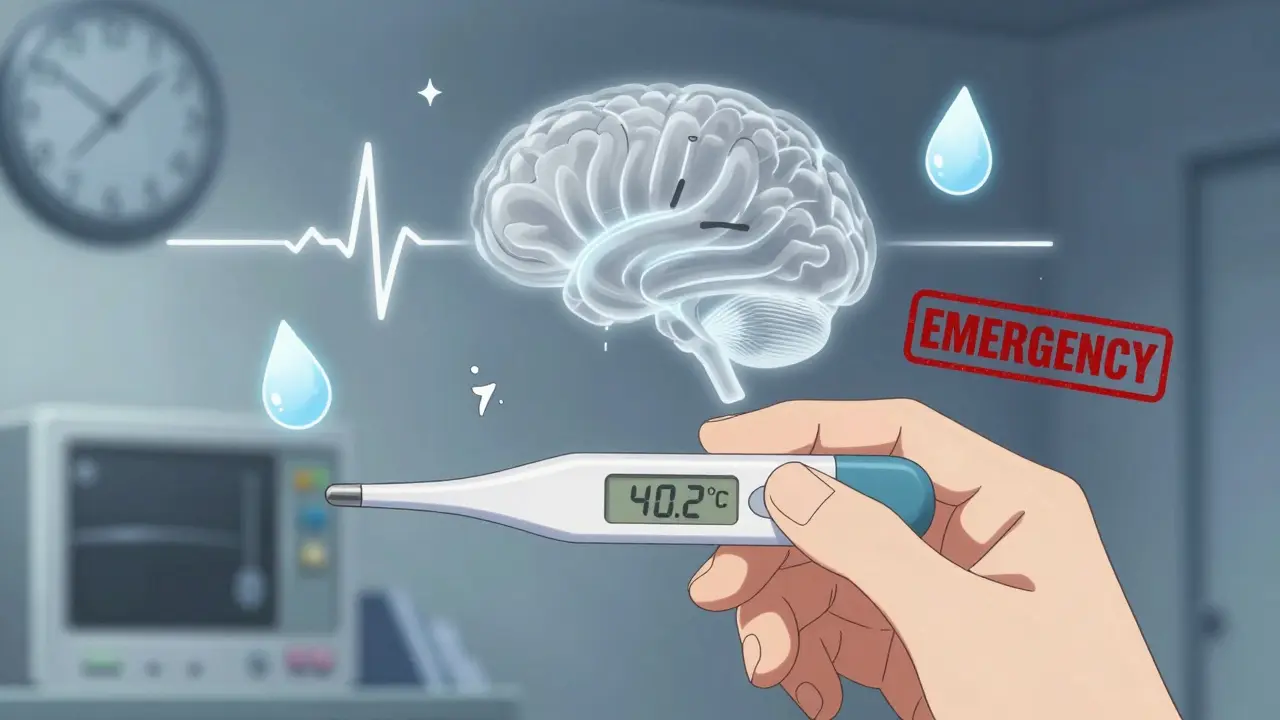 A trembling hand holding a high fever thermometer, surrounded by icons of rapid heartbeat, sweat, and muscle twitching, indicating serotonin syndrome.