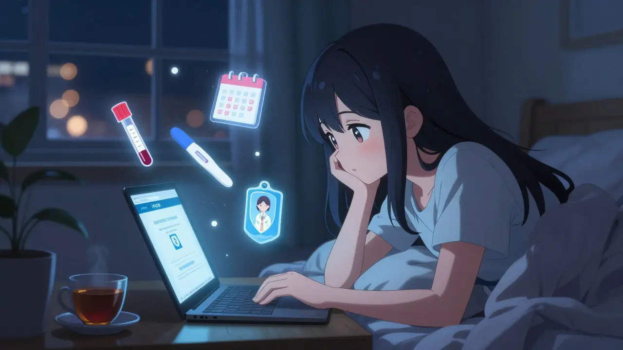 A woman at night using a laptop to complete REMS enrollment, with floating icons for blood tests and calendar reminders.