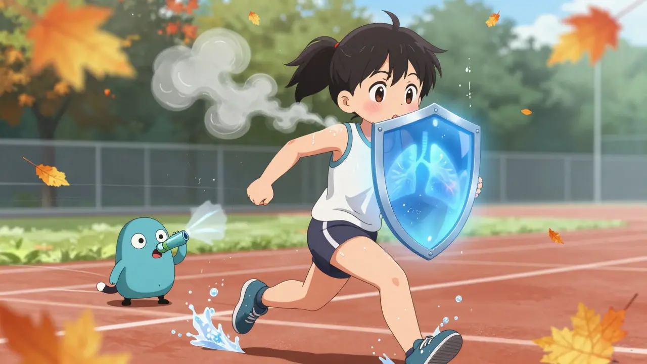 A young runner exhales misty breaths with a glowing shield protecting her lungs, surrounded by autumn leaves and wind sparkles.