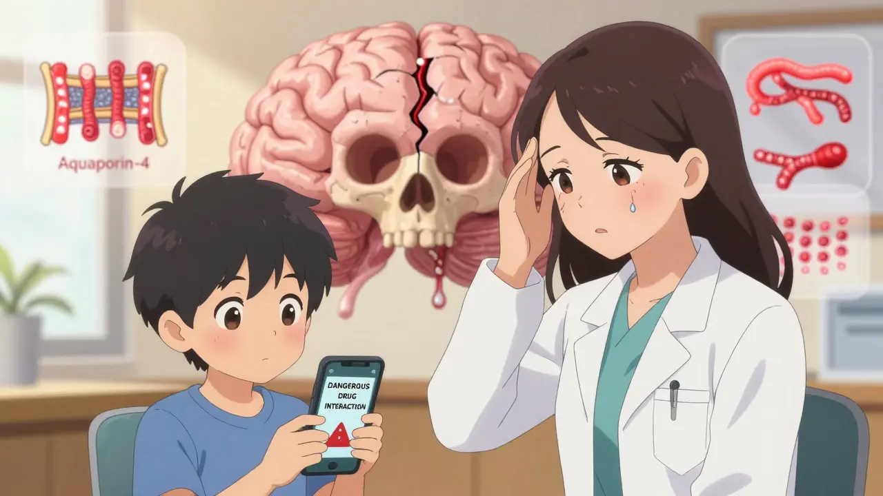 Dermatologist warning a teen about drug interaction, animated brain with leaking fluid in background.