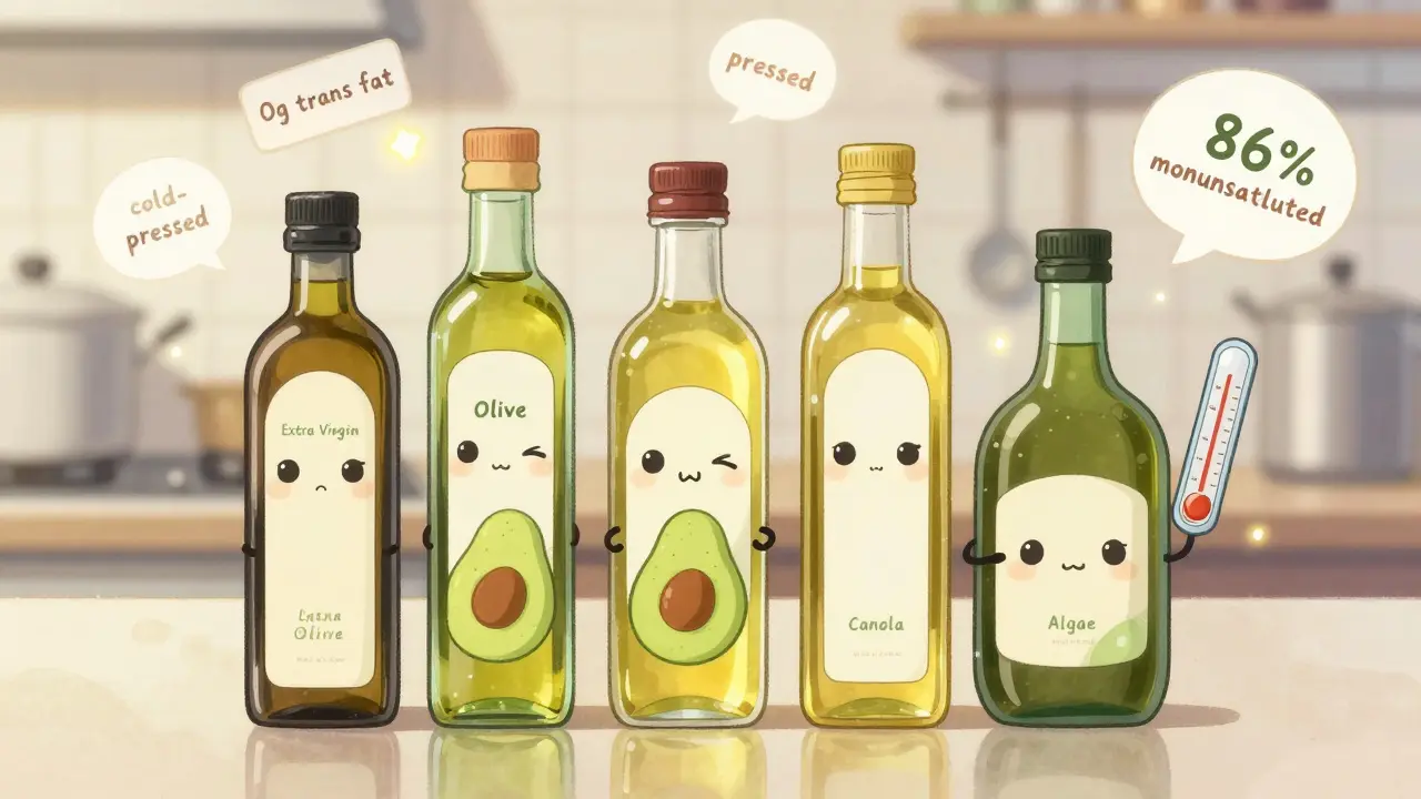 Four oil bottles with cute faces on a kitchen counter, labeled with health facts.
