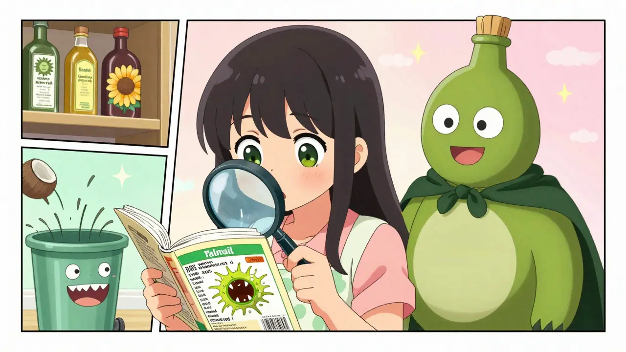 Girl reading a food label as a palm oil monster pops out, olive oil hero beside her.