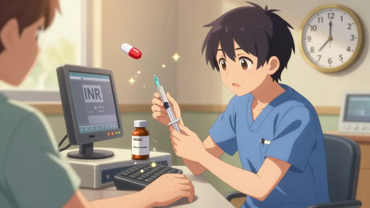 Healthcare provider checking INR levels while preparing to administer a vaccine with a thin needle to a patient on blood thinners.