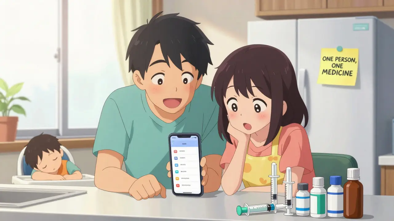 Parents using a smartphone app to track children's medicine ingredients at the kitchen counter.