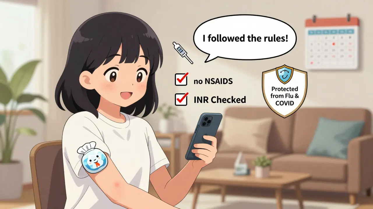 Patient smiling while using an ice pack on a minor bruise after vaccination, with safety checklist icons floating nearby.