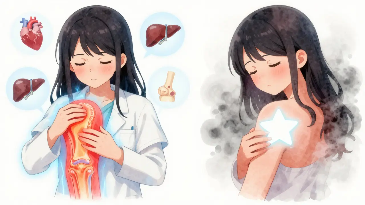 Split scene: NSAIDs calm inflamed joint, acetaminophen softens dull ache.