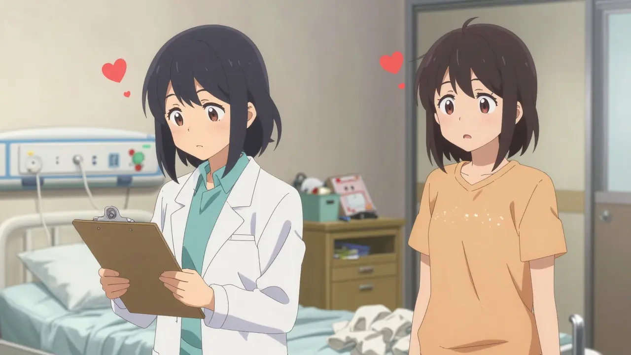 Split scene of hospital and home settings with red particles from hearts